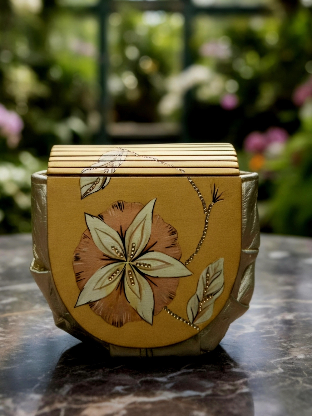 Vintage gold-toned decorative minaudière or evening handbag painted Floral Art